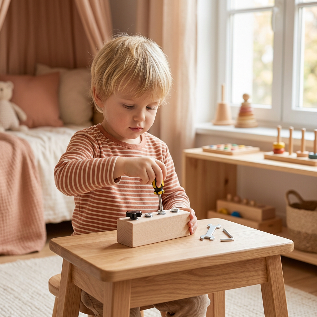 Plateau à vis en bois Montessori pour enfants – Jouet favorisant la motricité fine et la coordination œil-main