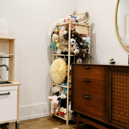 Rangement vertical en pin pour peluches avec cordons élastiques
