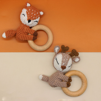 Anneau de Dentition en Bois avec Animal Crocheté – Jouet d’Éveil et de Dentition pour Nouveau-Né
