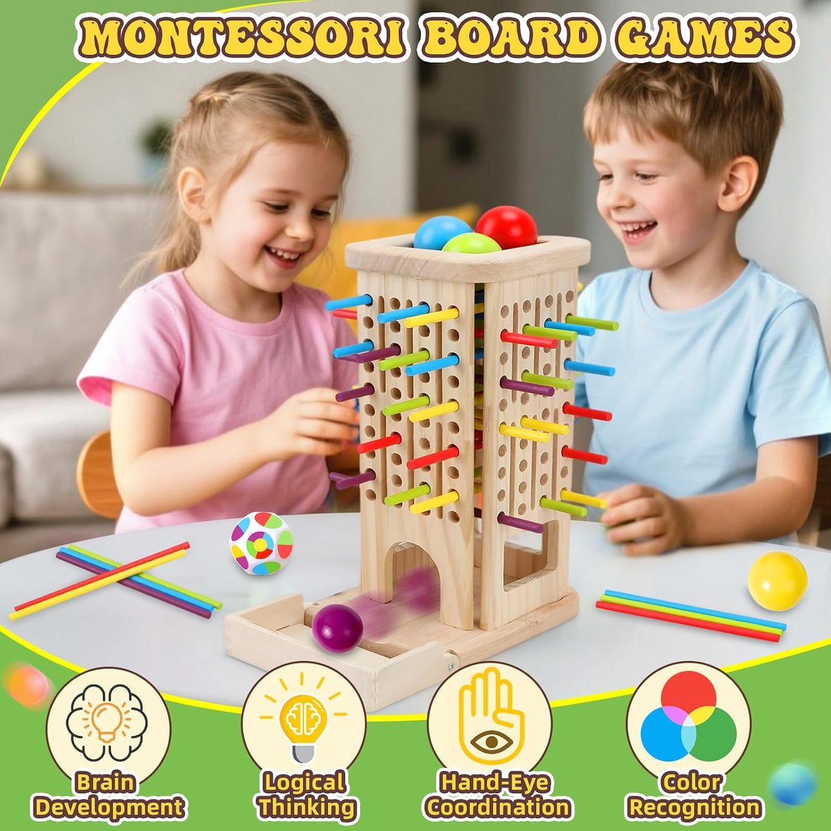 Jeu de tour en bois avec bâtonnets colorés et dé