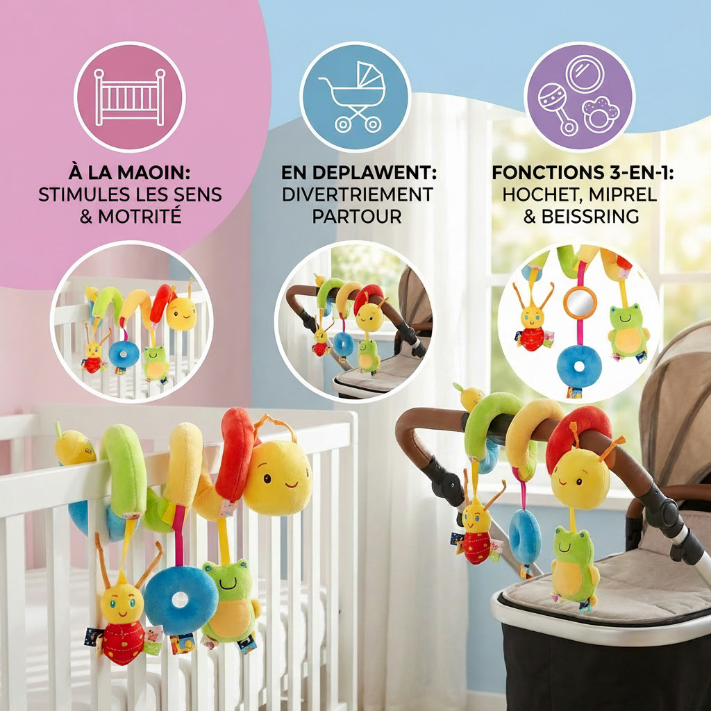 Jouet Hochet Chenille 3-en-1 – Jouet d’Éveil Bébé & Jeu de Voyage