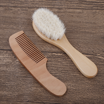 Set Brosse et Peigne en Bois pour Bébé – Brosse à Cheveux en Poils Naturels pour Nouveau-Nés