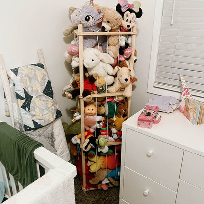 Rangement vertical en pin pour peluches avec cordons élastiques