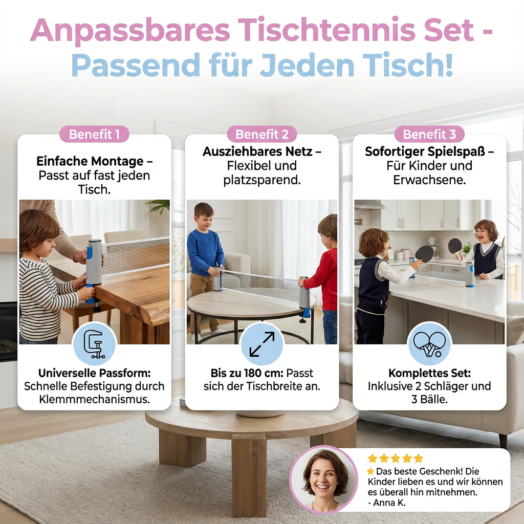 Set de Ping Pong Portable – Filet Universel pour Tous les Tables, Montage en 30 Secondes