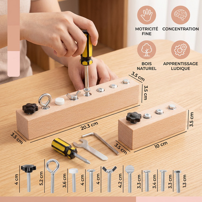 Plateau à vis en bois Montessori pour enfants – Jouet favorisant la motricité fine et la coordination œil-main