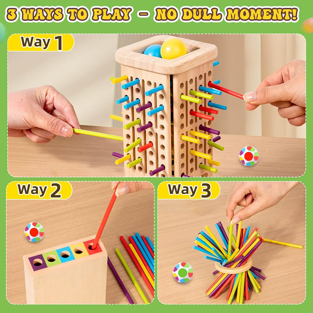 Jeu de tour en bois avec bâtonnets colorés et dé