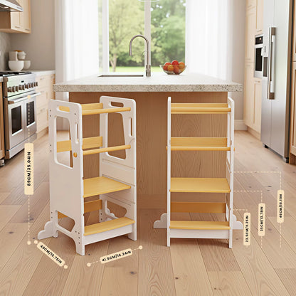 Tour d'Apprentissage Montessori en Bois Massif – Gris et Bois Naturel, Hauteur Réglable