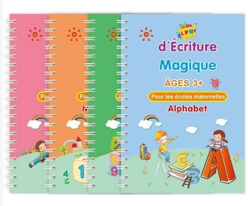 Cahiers d'Écriture Magiques Réutilisables – Coffret 4 Cahiers + Stylo Effaçable pour Enfants