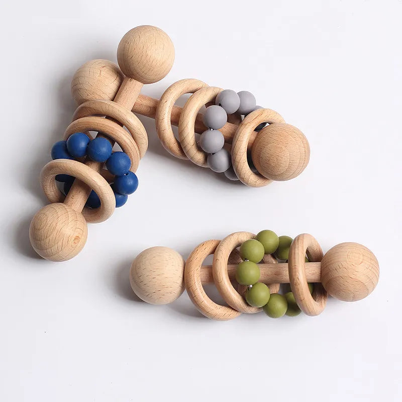 Hochet en Bois pour Bébé avec Anneaux de Dentition Montessori