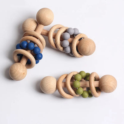 Hochet en Bois pour Bébé avec Anneaux de Dentition Montessori