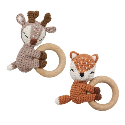 Anneau de Dentition en Bois avec Animal Crocheté – Jouet d’Éveil et de Dentition pour Nouveau-Né