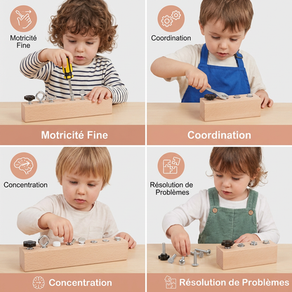 Plateau à vis en bois Montessori pour enfants – Jouet favorisant la motricité fine et la coordination œil-main