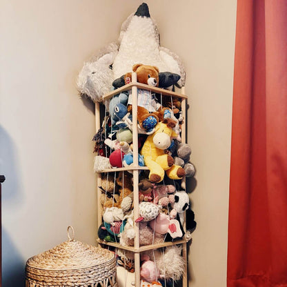 Rangement vertical en pin pour peluches avec cordons élastiques