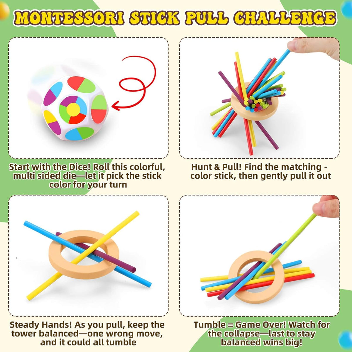 Jeu de tour en bois avec bâtonnets colorés et dé