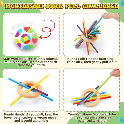 Jeu de tour en bois avec bâtonnets colorés et dé