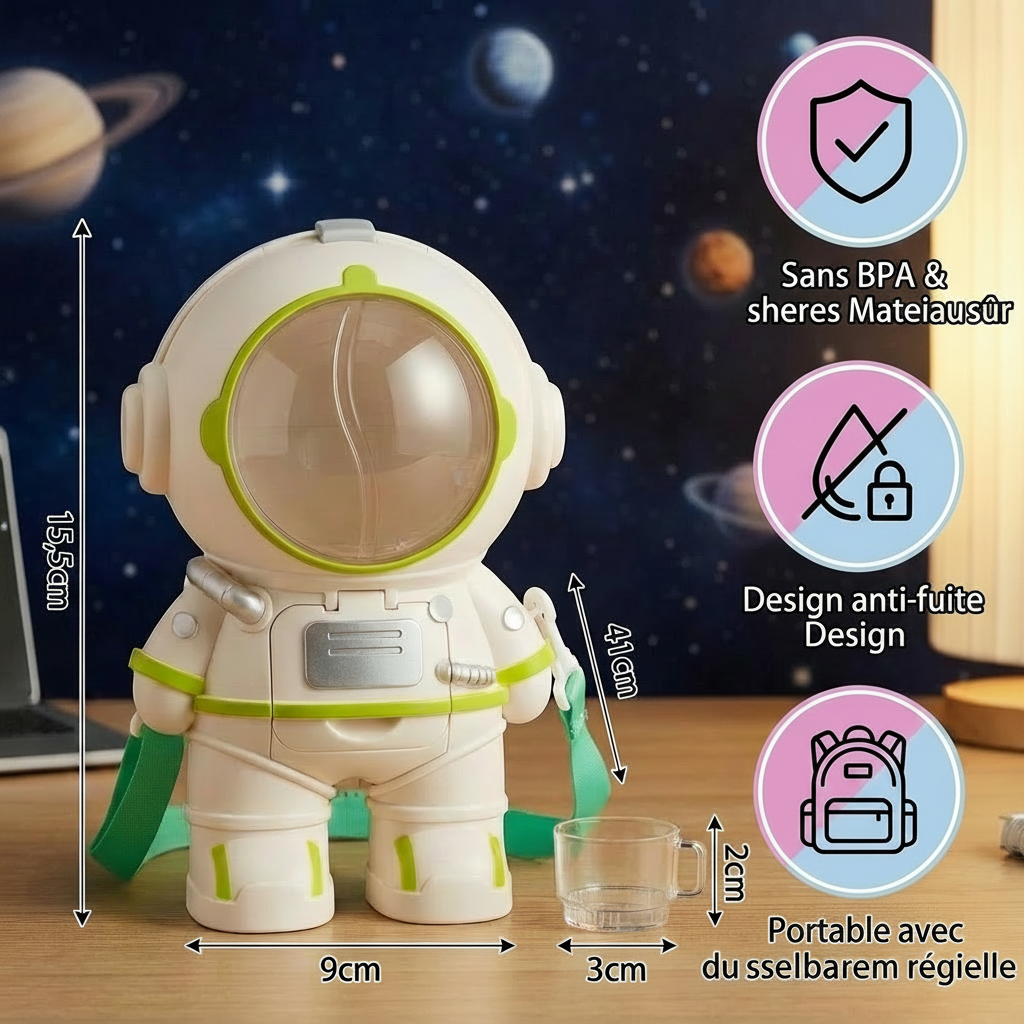 Gourde Astronaute pour Enfants – Bouteille Réutilisable Antifuite avec Paille | Sans BPA