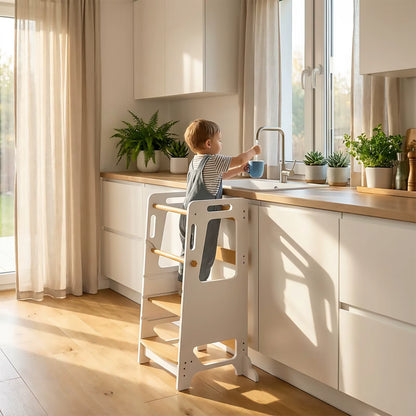 Tour d'Apprentissage Montessori en Bois Massif – Gris et Bois Naturel, Hauteur Réglable