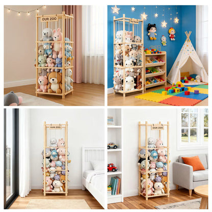 Rangement vertical en pin pour peluches avec cordons élastiques