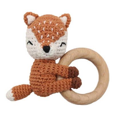 Anneau de Dentition en Bois avec Animal Crocheté – Jouet d’Éveil et de Dentition pour Nouveau-Né