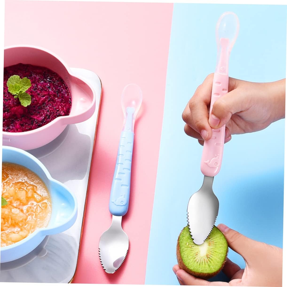 Cuillère pour bébé 2-en-1 en silicone – Cuillère d'apprentissage pour que les bébés mangent tout seuls