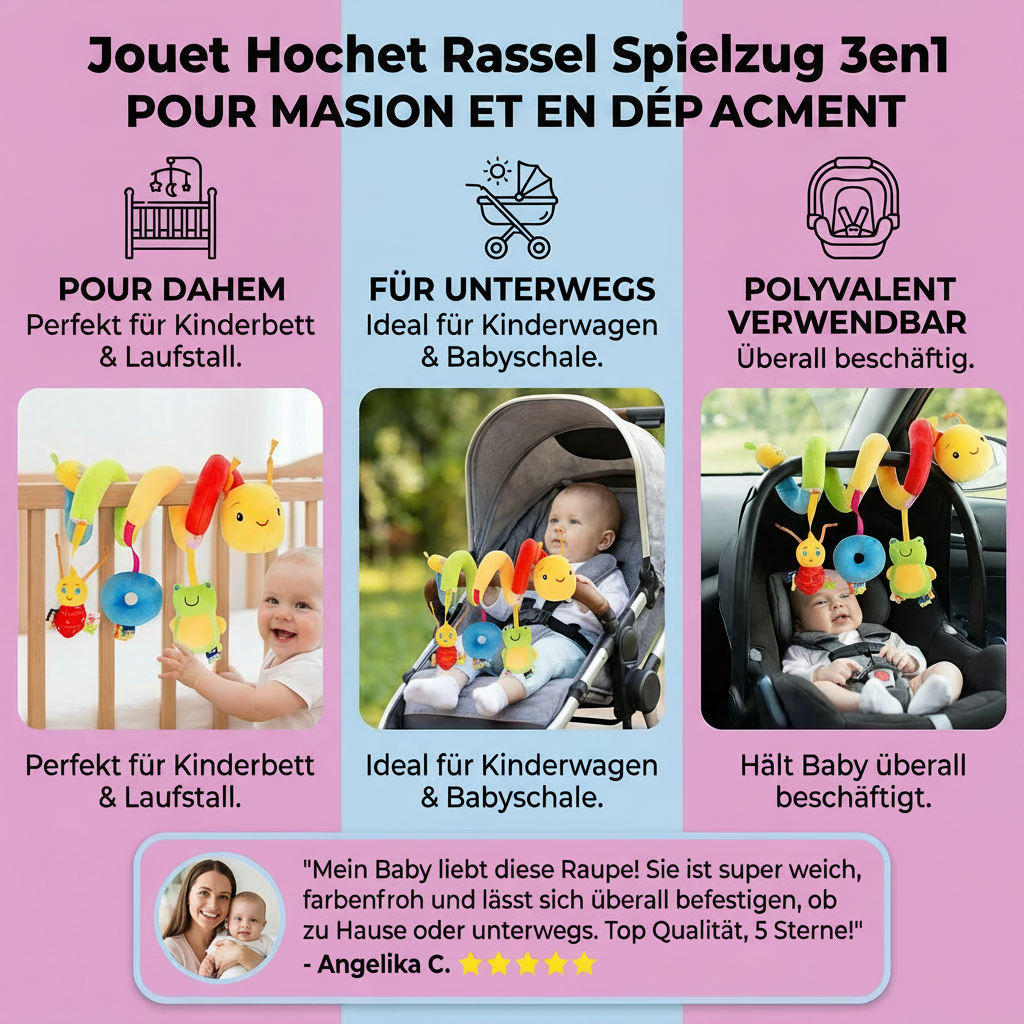 Jouet Hochet Chenille 3-en-1 – Jouet d’Éveil Bébé & Jeu de Voyage