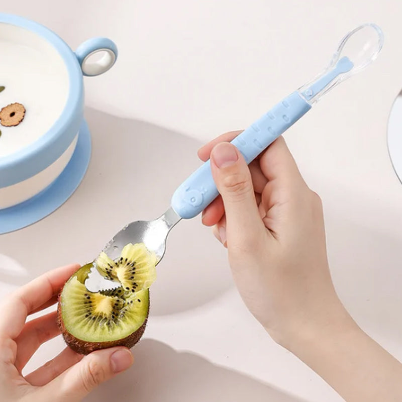 Cuillère pour bébé 2-en-1 en silicone – Cuillère d'apprentissage pour que les bébés mangent tout seuls