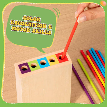 Jeu de tour en bois avec bâtonnets colorés et dé