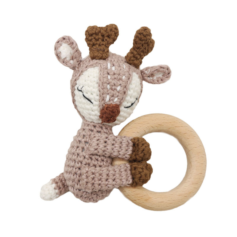 Anneau de Dentition en Bois avec Animal Crocheté – Jouet d’Éveil et de Dentition pour Nouveau-Né