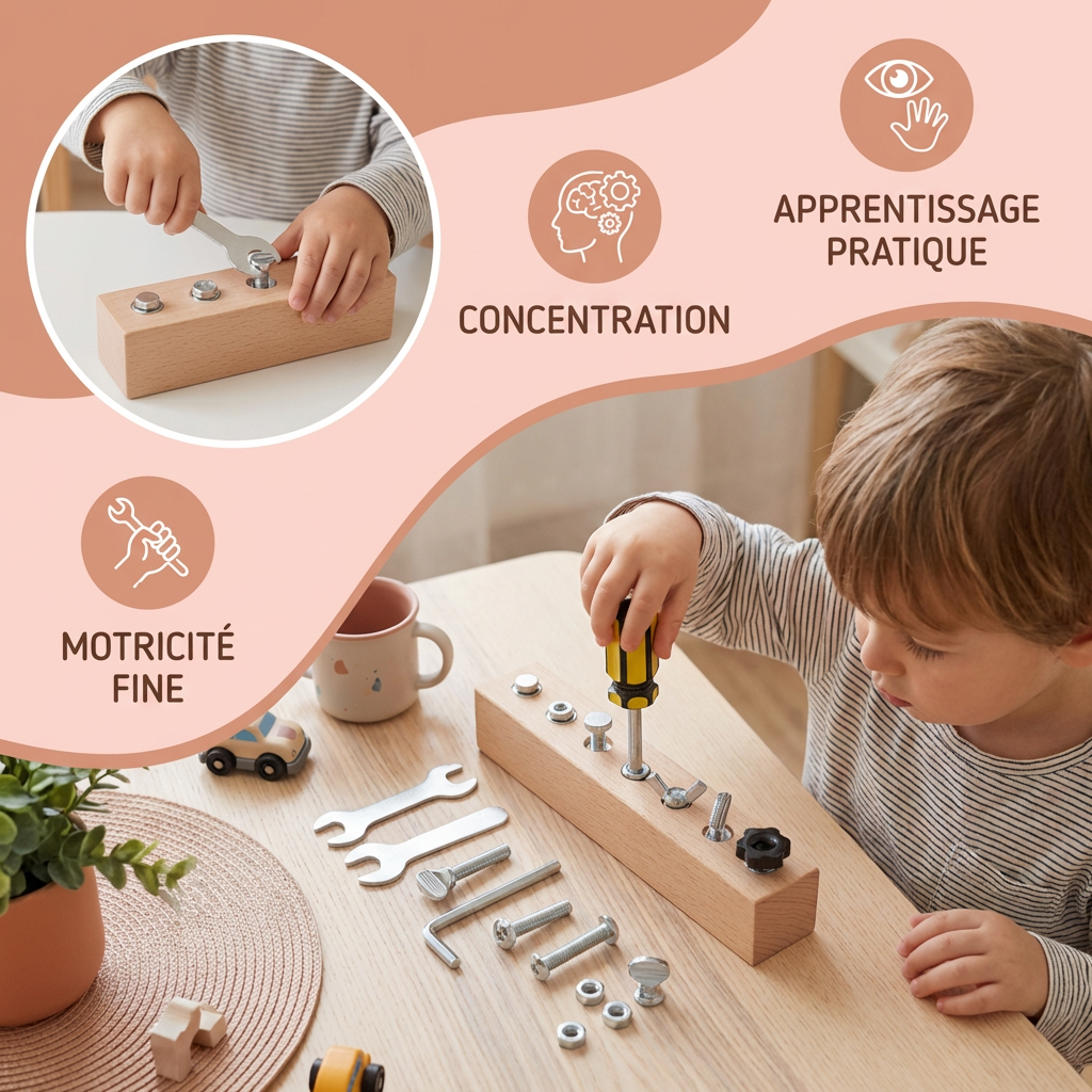 Plateau à vis en bois Montessori pour enfants – Jouet favorisant la motricité fine et la coordination œil-main