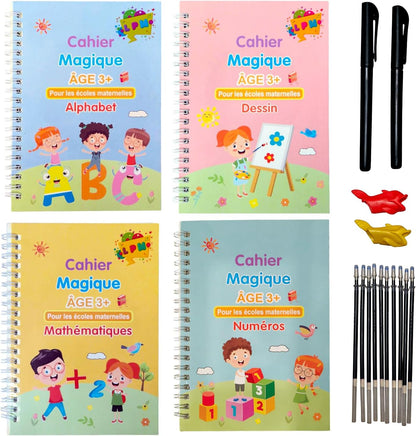 Cahiers d'Écriture Magiques Réutilisables – Coffret 4 Cahiers + Stylo Effaçable pour Enfants