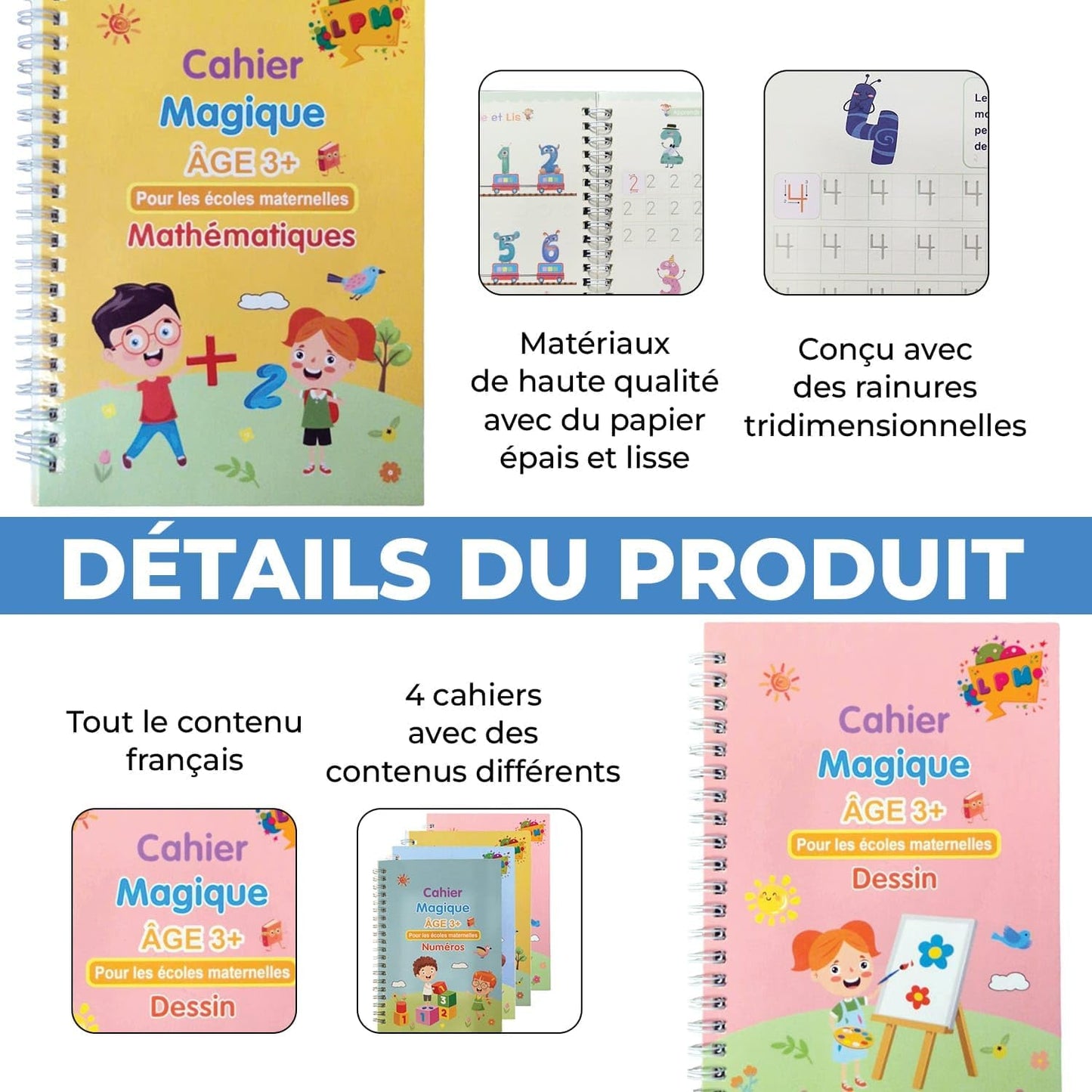 Cahiers d'Écriture Magiques Réutilisables – Coffret 4 Cahiers + Stylo Effaçable pour Enfants