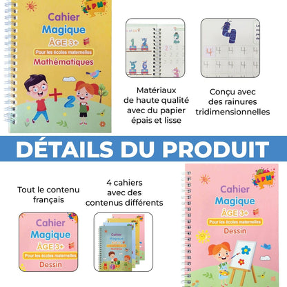 Cahiers d'Écriture Magiques Réutilisables – Coffret 4 Cahiers + Stylo Effaçable pour Enfants