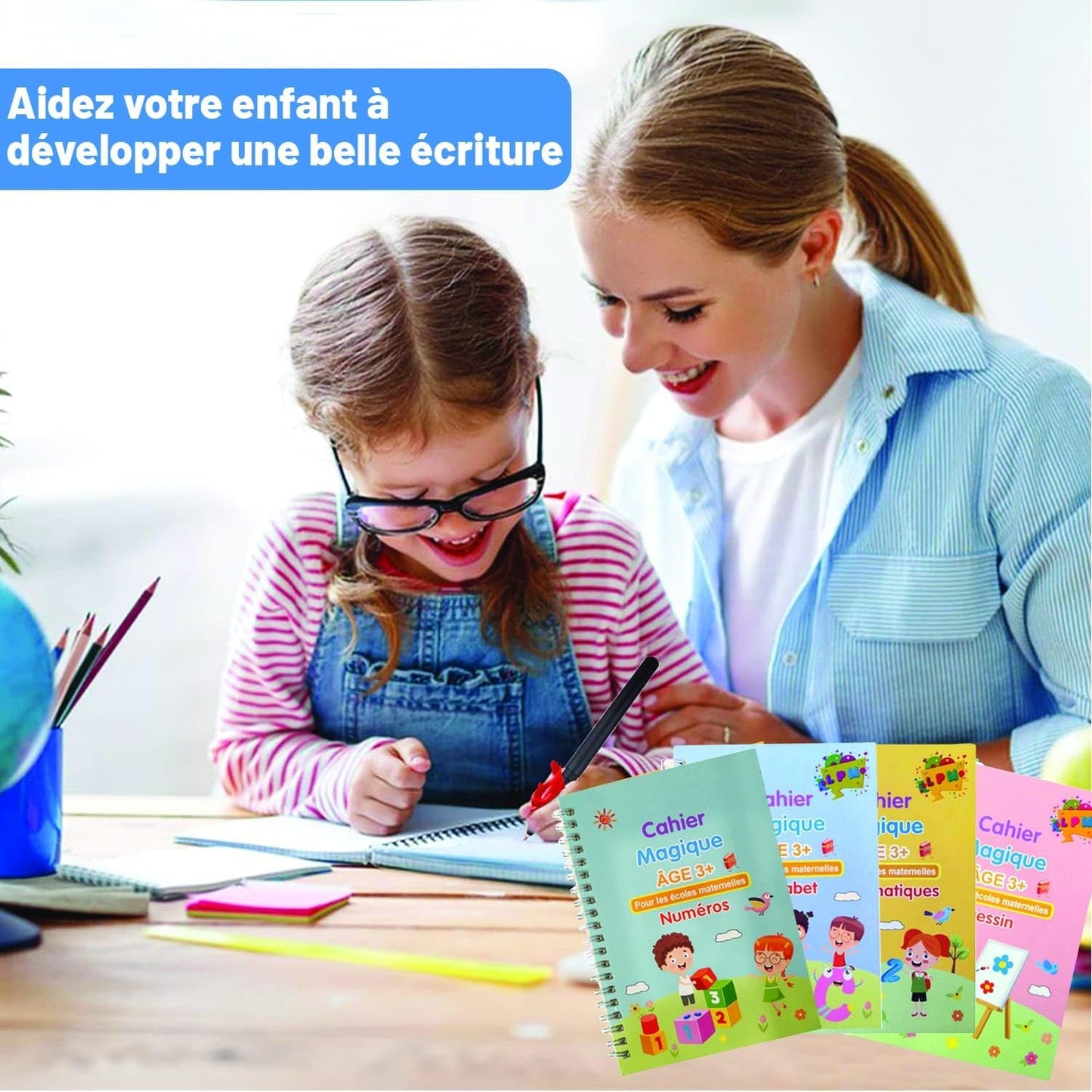 Cahiers d'Écriture Magiques Réutilisables – Coffret 4 Cahiers + Stylo Effaçable pour Enfants