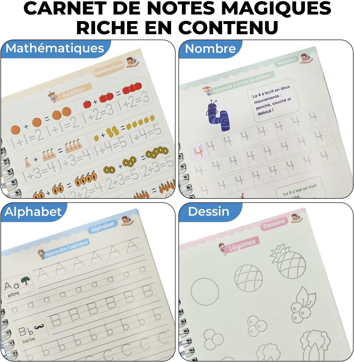 Cahiers d'Écriture Magiques Réutilisables – Coffret 4 Cahiers + Stylo Effaçable pour Enfants