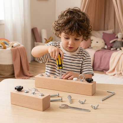 Plateau à vis en bois Montessori pour enfants – Jouet favorisant la motricité fine et la coordination œil-main