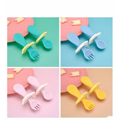 Set de Couverts d’Apprentissage en Silicone pour Bébé – Cuillère et Fourchette avec Anneau de Sécurité