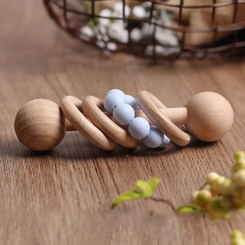Hochet en Bois pour Bébé avec Anneaux de Dentition Montessori