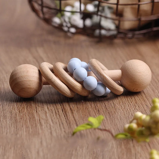Hochet en Bois pour Bébé avec Anneaux de Dentition Montessori