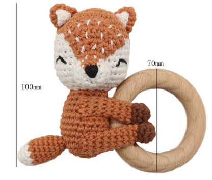 Anneau de Dentition en Bois avec Animal Crocheté – Jouet d’Éveil et de Dentition pour Nouveau-Né