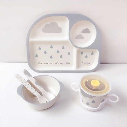 Coffret Repas Bébé Motif Nuage – Assiette, Bol, Tasse & Couverts pour Enfant