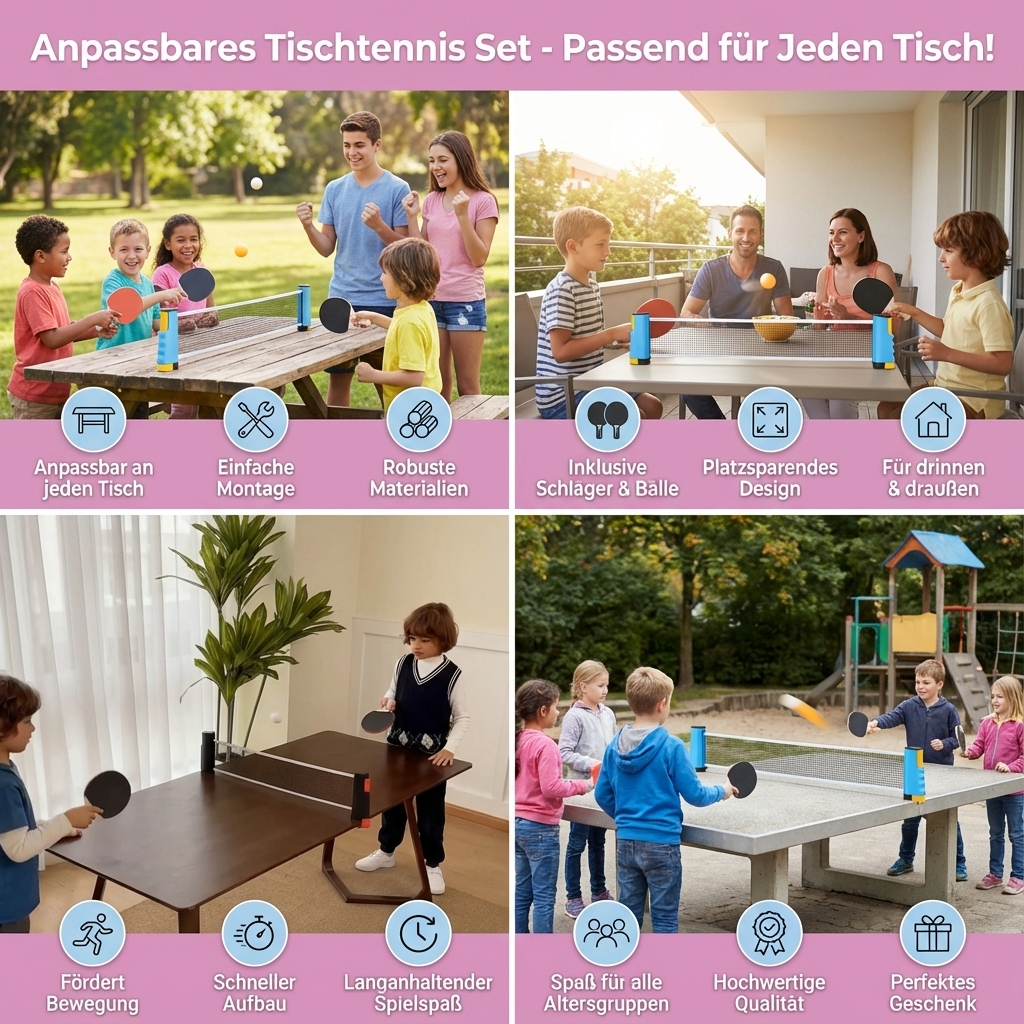 Set de Ping Pong Portable – Filet Universel pour Tous les Tables, Montage en 30 Secondes