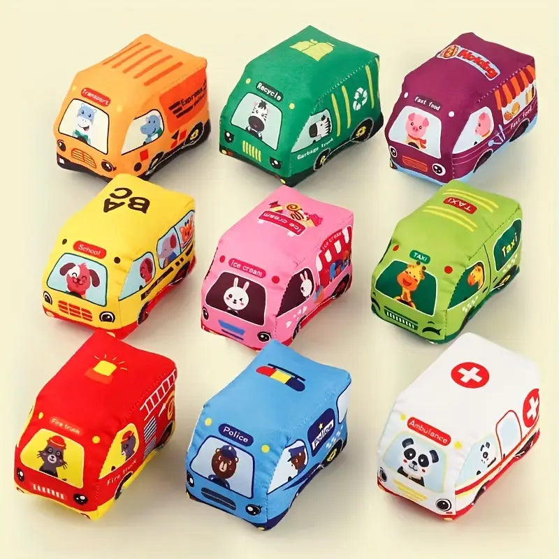 Voitures en peluche sensorielles 2-en-1 avec tapis de jeu et sac de transport – Jouets de voyage pour enfants