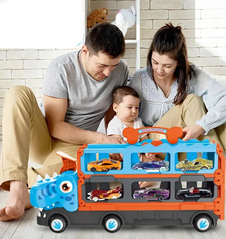 Camion Dinosaure Dépliable – Transporteur de Voitures & Circuit de Course 2-en-1
