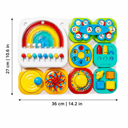 Tableau d’activités sensorielles pour enfant avec attaches et jeux de manipulation