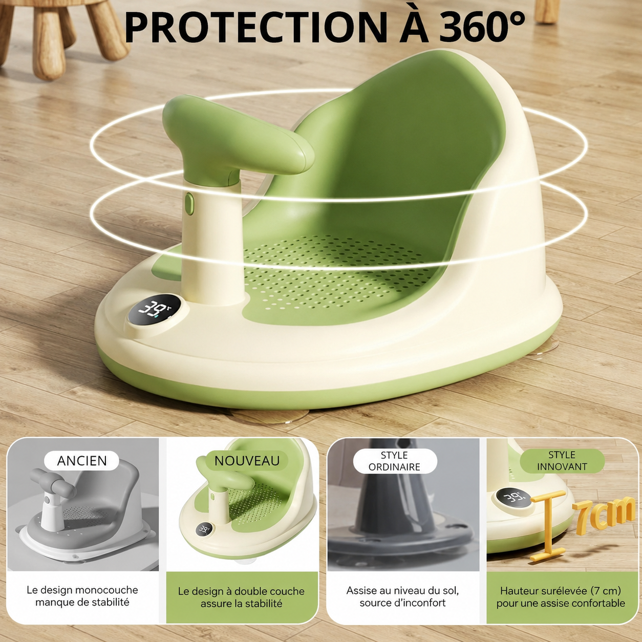 Siège de Bain pour Bébé – Ventouses Ultra-Stables et Dossier Ergonomique