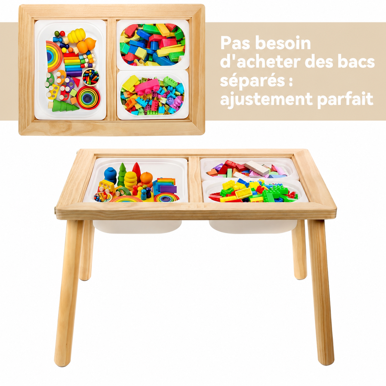 Table Sensorielle Montessori 2 Niveaux – Hauteur Réglable, Plateau et Bacs Intérieurs
