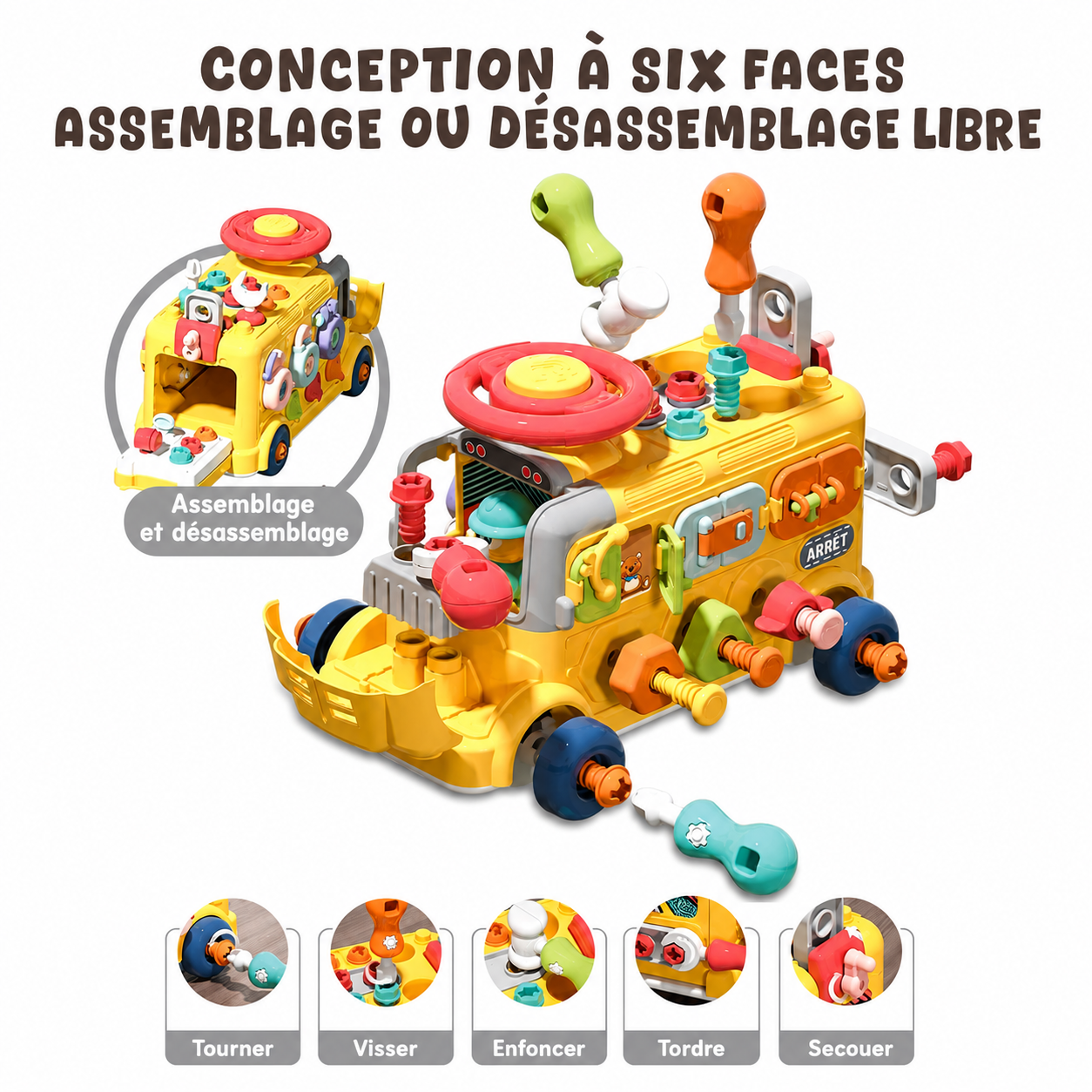 Bus Montessori à Visser 7-en-1 – Jouet de Construction, Motricité Fine et Éveil pour Enfants dès 2 ans