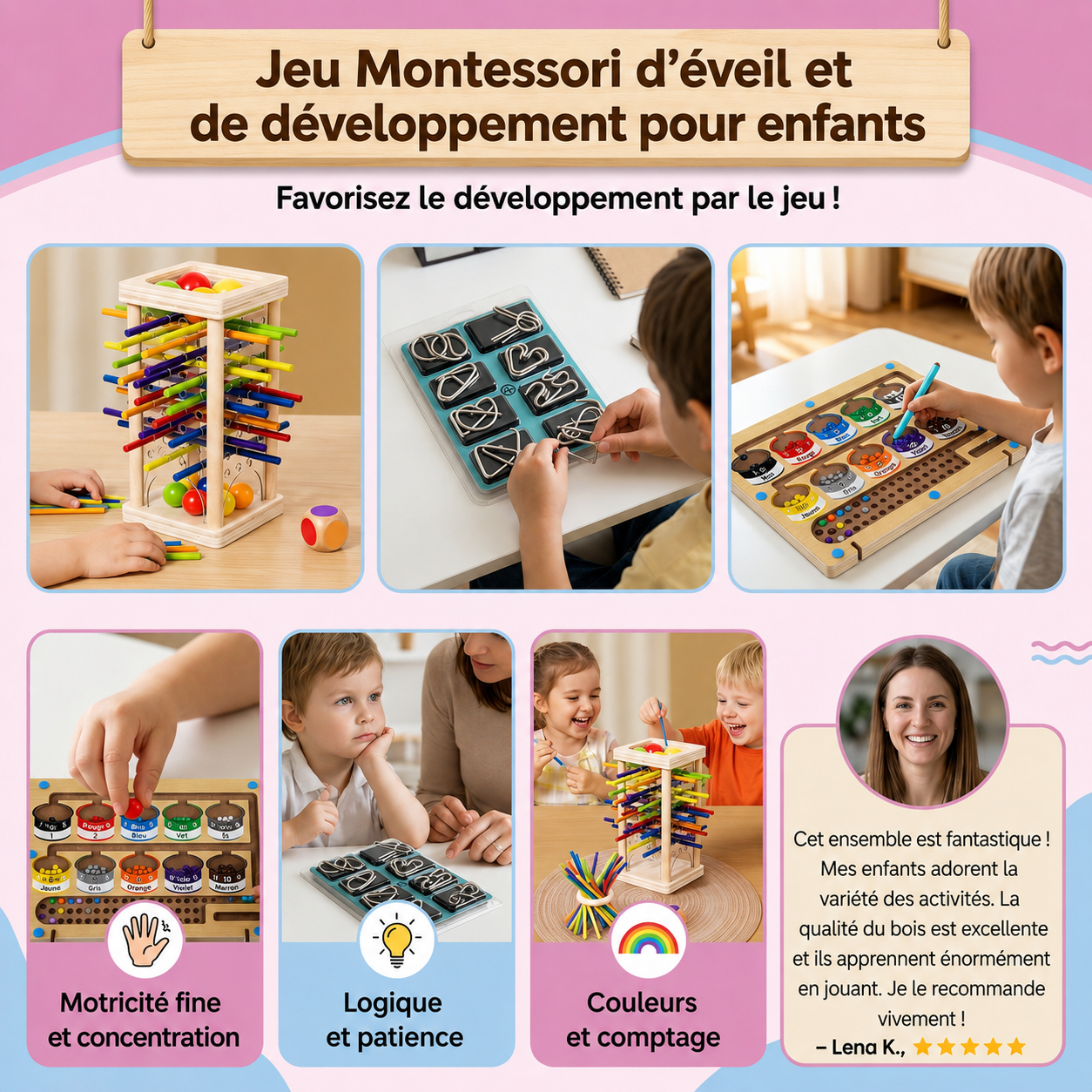 Set de Jeux Montessori 3 Pièces – Coffret Jeux Éducatifs de Logique pour Enfants