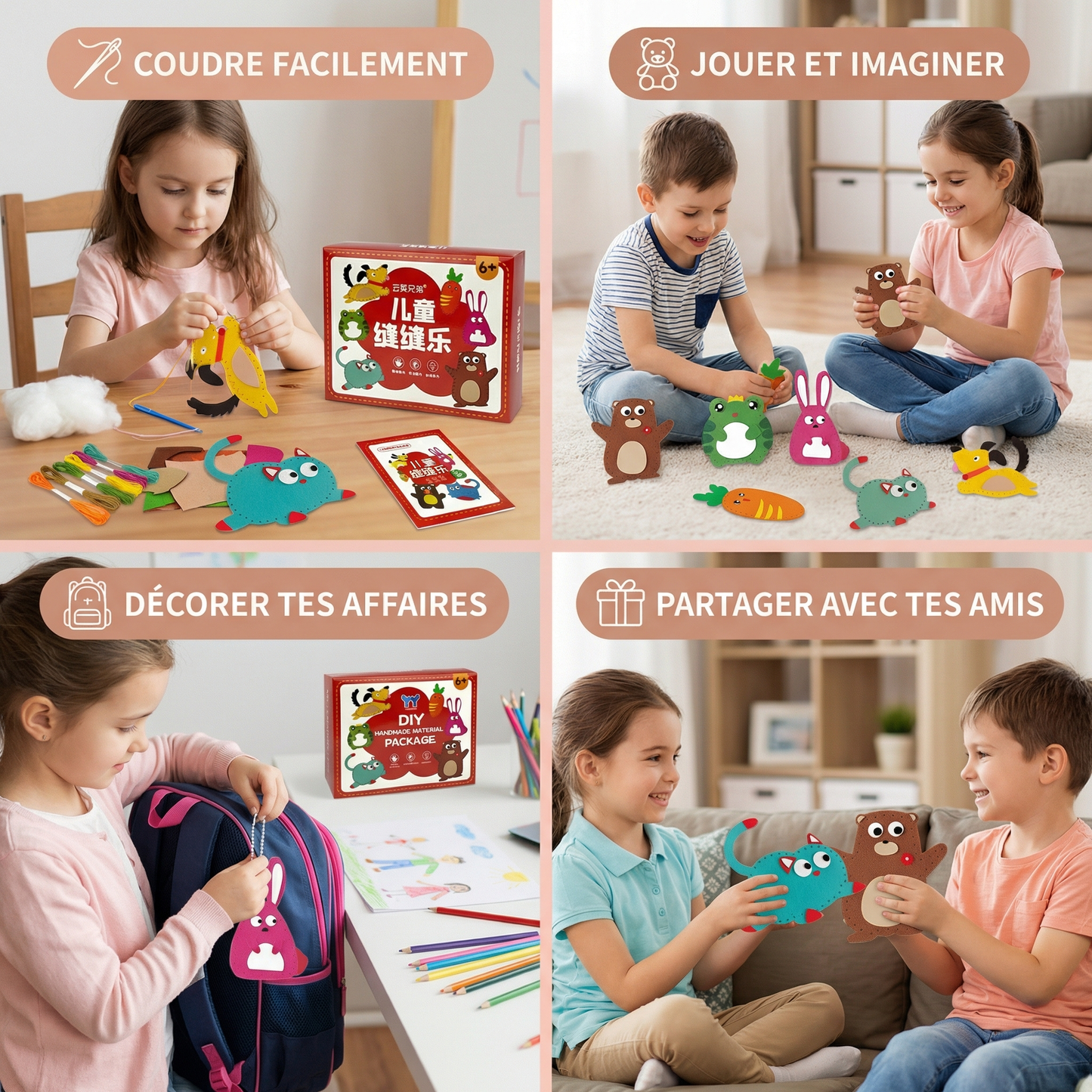 Kit Créatif Animaux en Feutrine à Coudre – Éveille la Motricité Fine et la Créativité