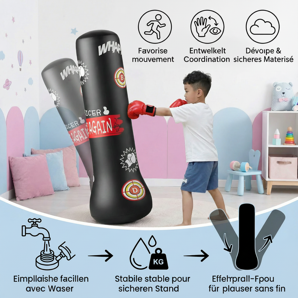 Sac de Frappe Gonflable Enfant – Base à Eau Stable | Boxe & Fitness | Dès 3 ans